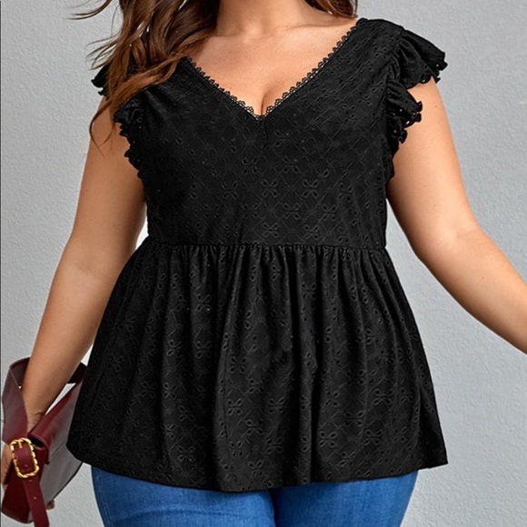 Plus Size Lace Eyelet Embroidered Back bow Top Blouse Shirt - Picture 6 of 14